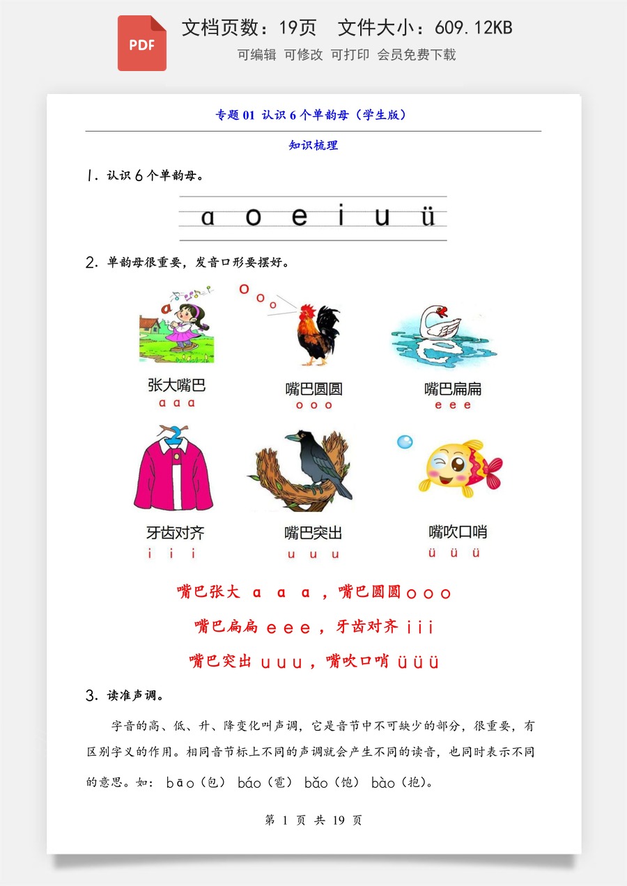 小学-语文-一年级上-专题01 认识6个单韵母（知识+训练）.pdf
